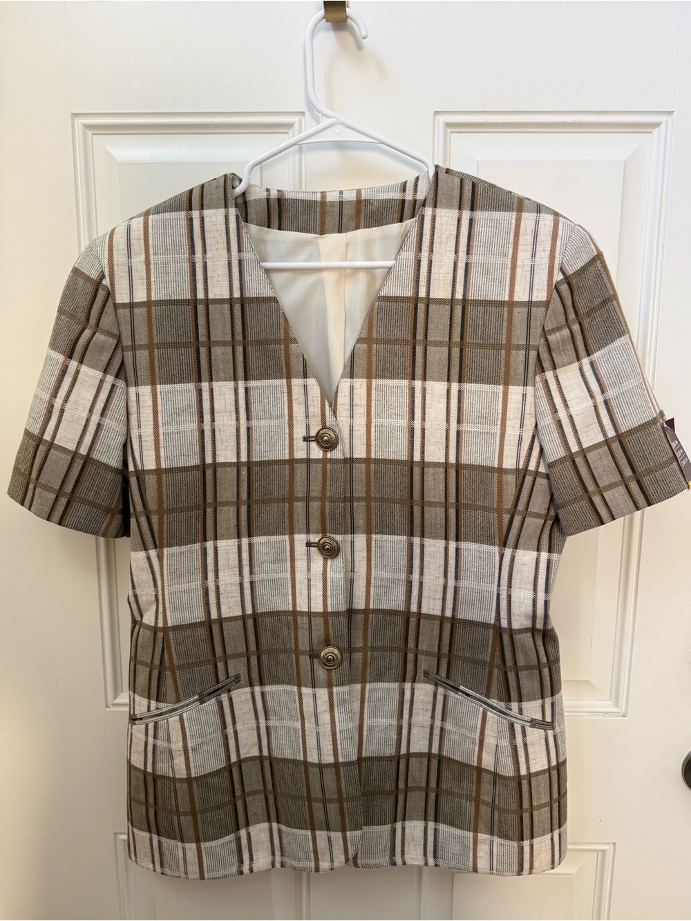 Vintage Marks & Spencer Brown and Cream Plaid Short-Sleeve Blazer